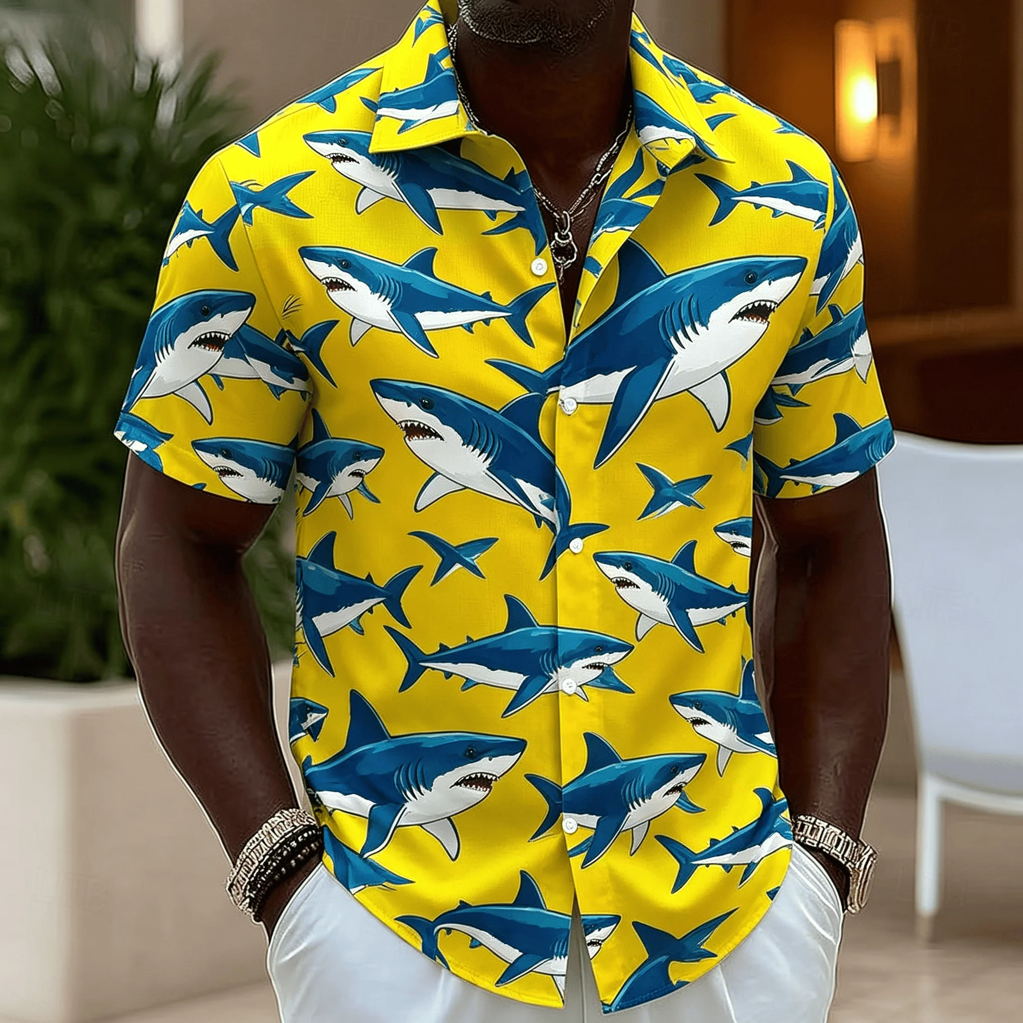 Men's Clothing Tropical Tiger & Palm Leaf Print Short Sleeve Shirt Casual Jungle Button Up Shirt For Spring & Summer Shirts