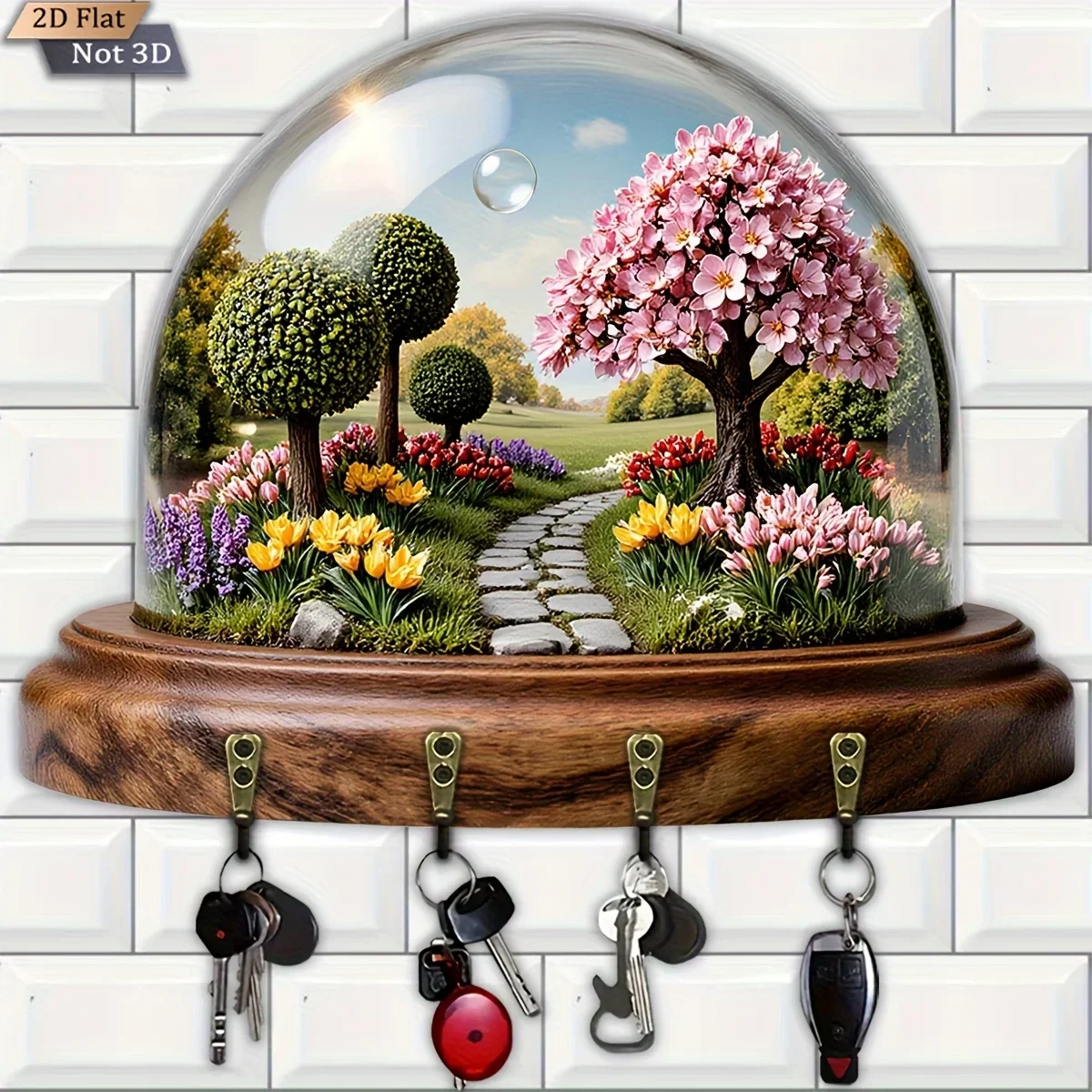 2D Flat, 1pc, Spring Secret Garden Themed Key hook, Wooden Multi-functional Home Key Rack, with four metal hooks, wall