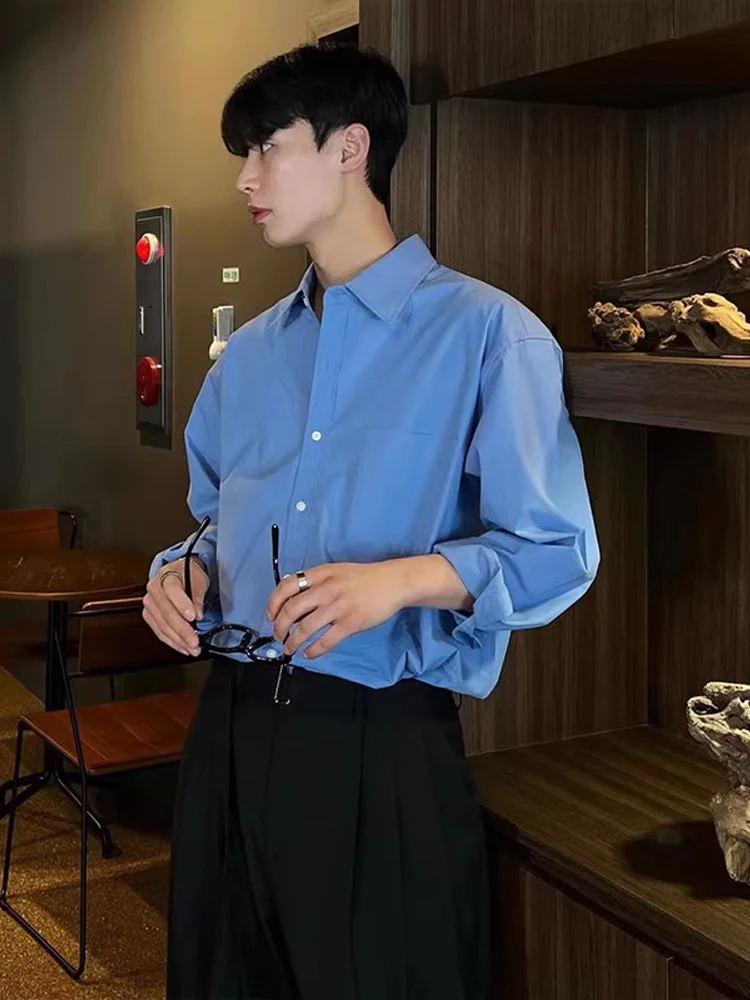 

Klein Blue Men's Shirt Spring Fashionable Chic Long Sleeve Pure Color Casual Shirt Korean Style Breathable Cotton Spring Shirt