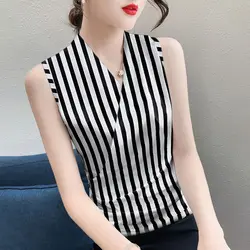 Elegant V-Neck Loose Sleeveless Striped T-Shirt Women Clothing 2023 Summer New Oversized Casual Pullovers Asymmetrical Tee Shirt