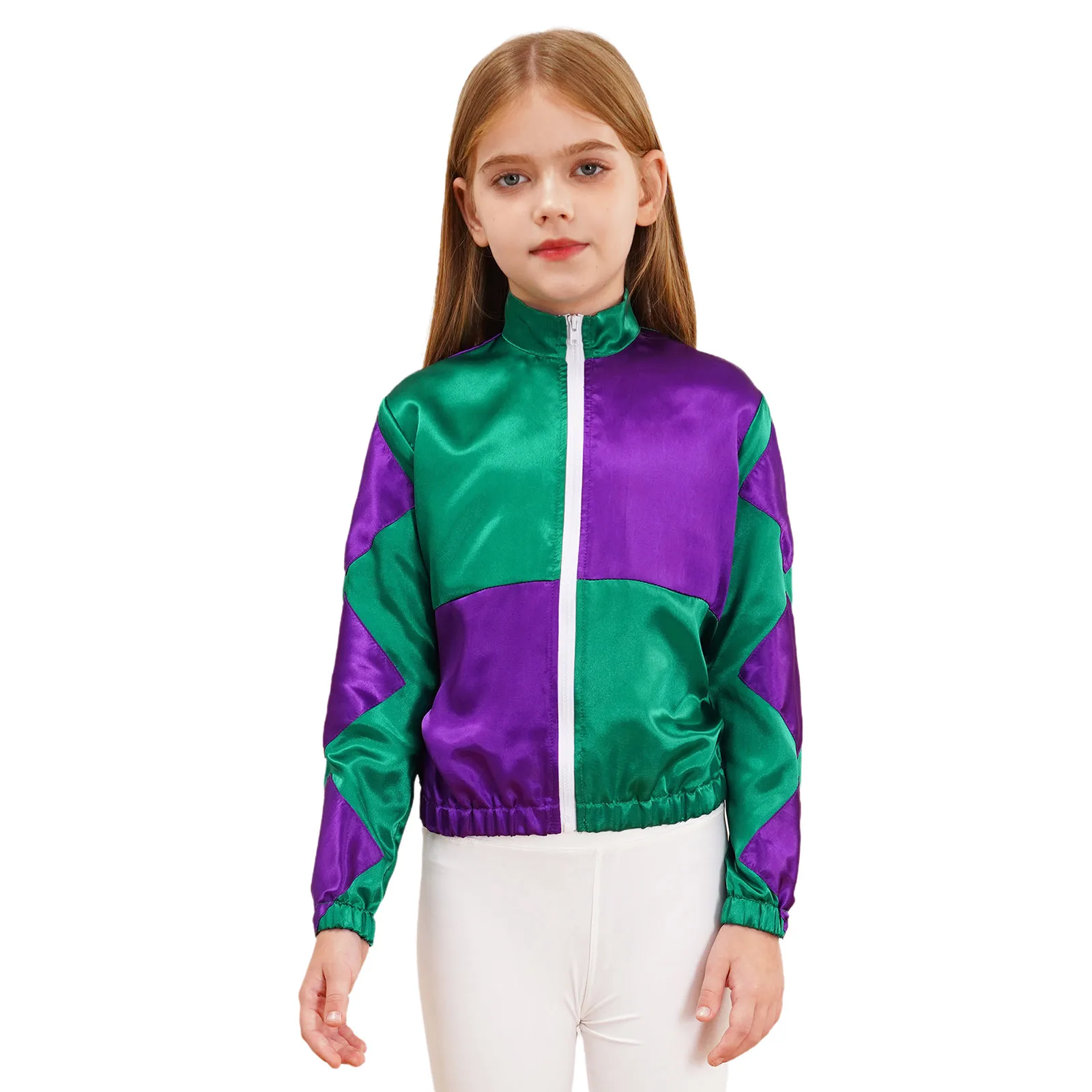 Kids Girls Jock Riding Horse Costume Silky Satin Long Sleeve Zip Up Jacket Sports Coat Rider Competition Uniform Sweatshirts