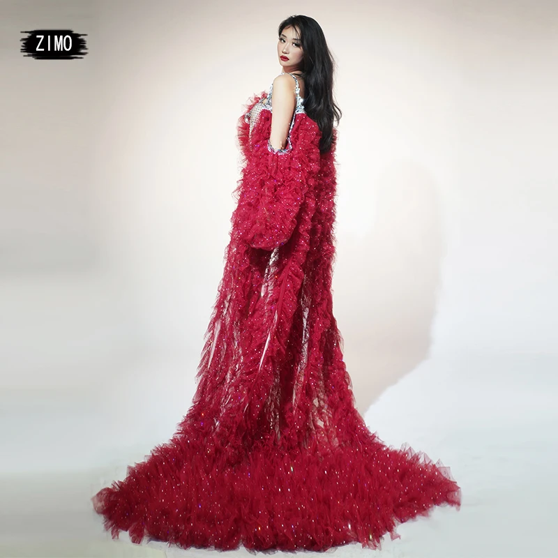 luxury long coat long sleeve red Sequin mesh performance party nightclub designer clothes dance singer drag queen costumes stage