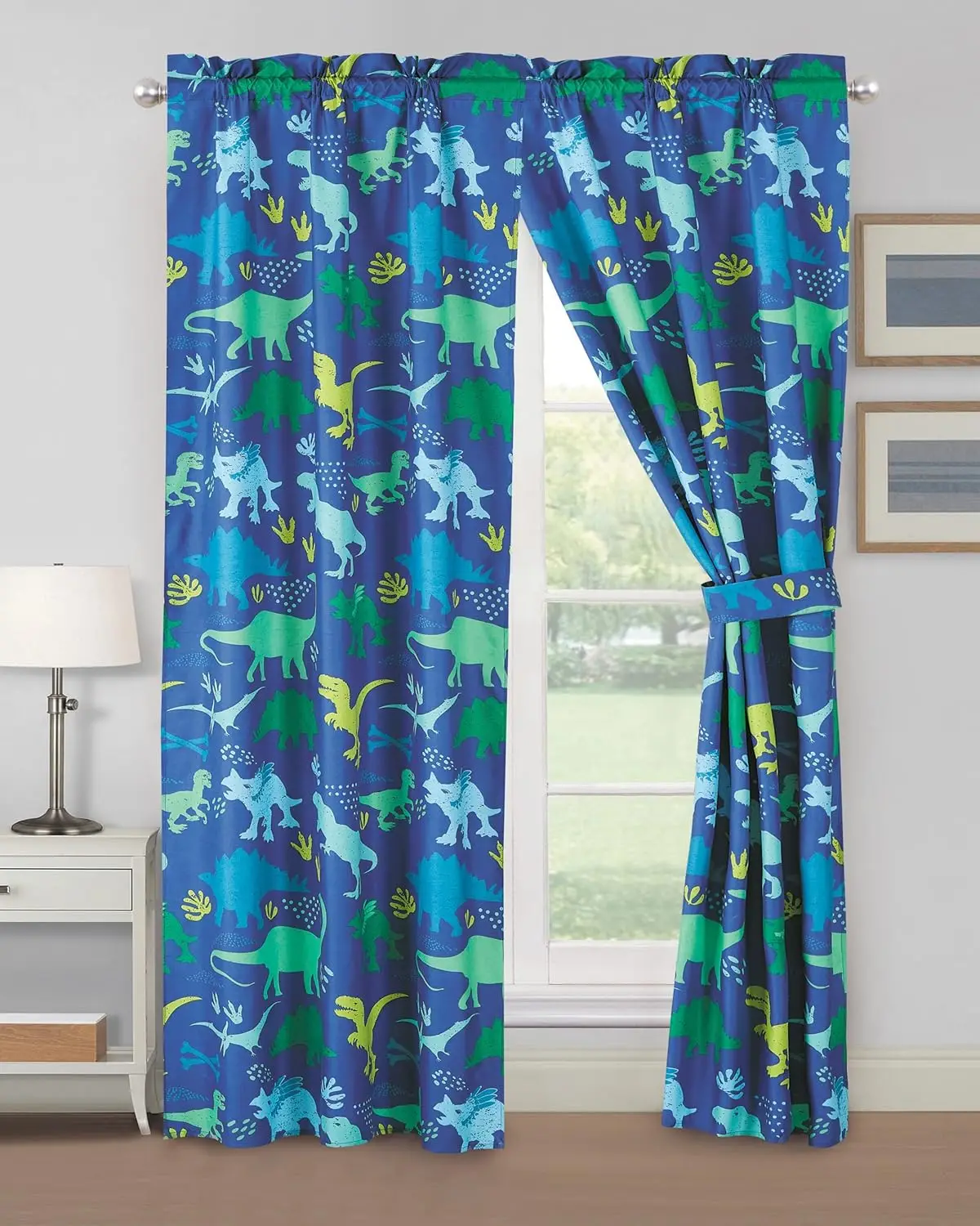 Cartoon Dinosaur Curtains Blue Green Dino Print for Kids Bedroom Window Decor