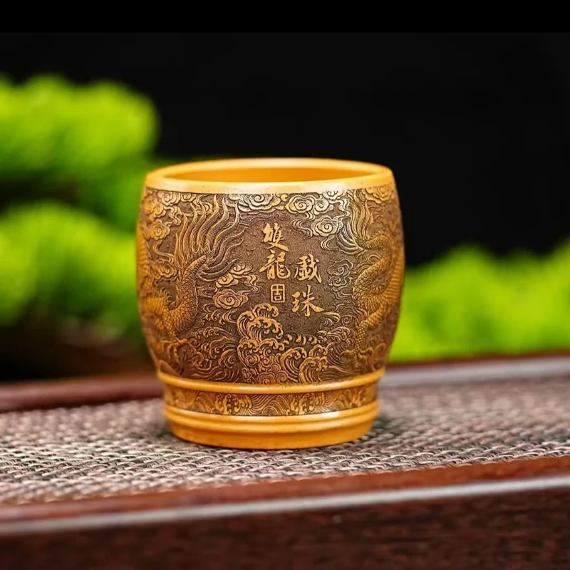 Purely Hand‑made Zisha Master Cup, Raw Yellow Duan Clay, Carved Double Dragons Playing with Pearl, 260ml