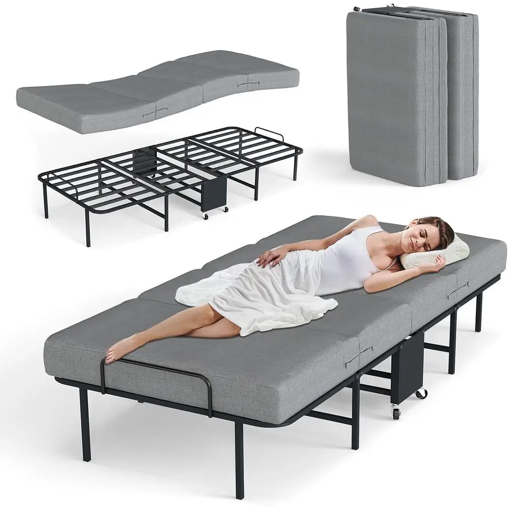 

olding Beds with Mattr, Portable oldable Bed or Adults, Roll Away Bed Gt on Wheels, Memory oam Mattrand Metal e, Space Saving ol