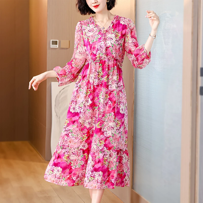 

2024 New Fashion Silk Dress Women's Summer Luxury Versatile Mulberry Silk Midlength Dress French Loose Tight Casual Party Vestid