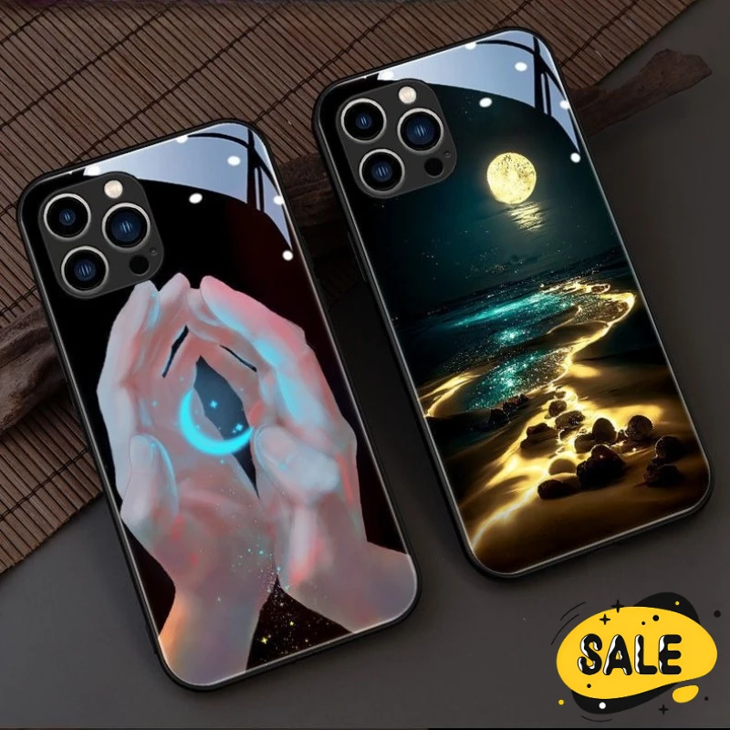 

LED Call Light Up Glowing Meteor Beach Luminous Glass Phone Case for Iphone16 15 14 13 12Pro Max Plus Shockproof Protector Cover