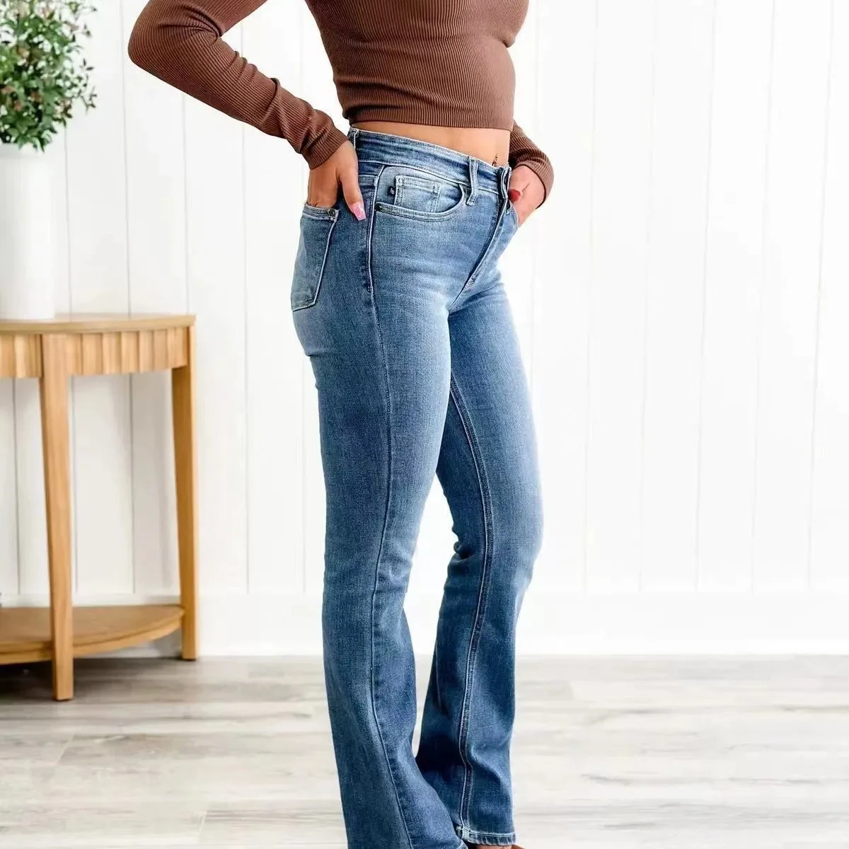 European Women Stretchy Flared Jeans Slim Fit Casual Denim Pants 2024 New