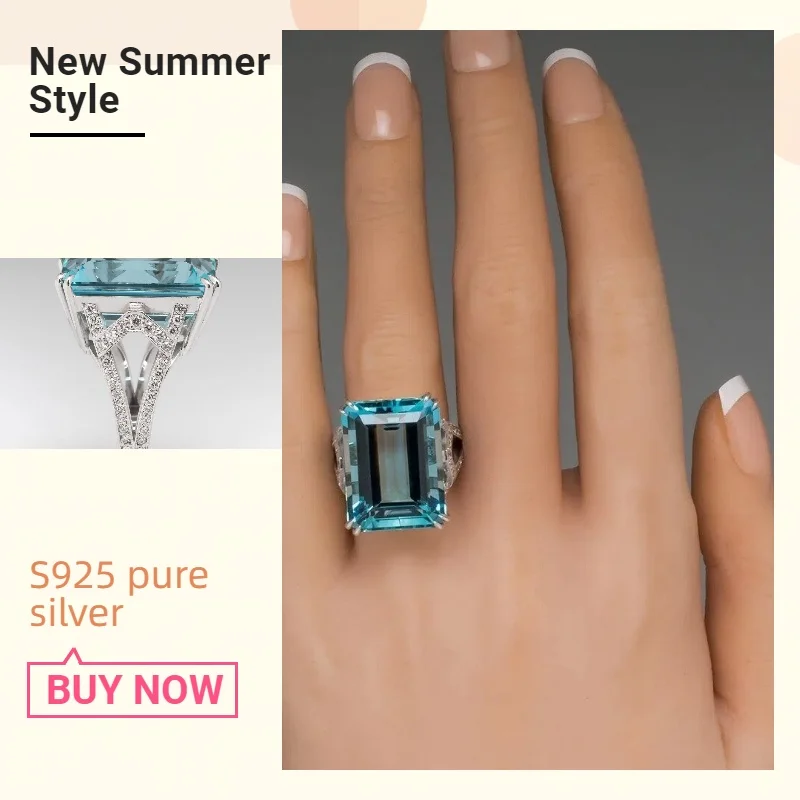 

Engraved with sea-blue topaz and square zirconia, this princess ring is a fashionable engagement ring for women.