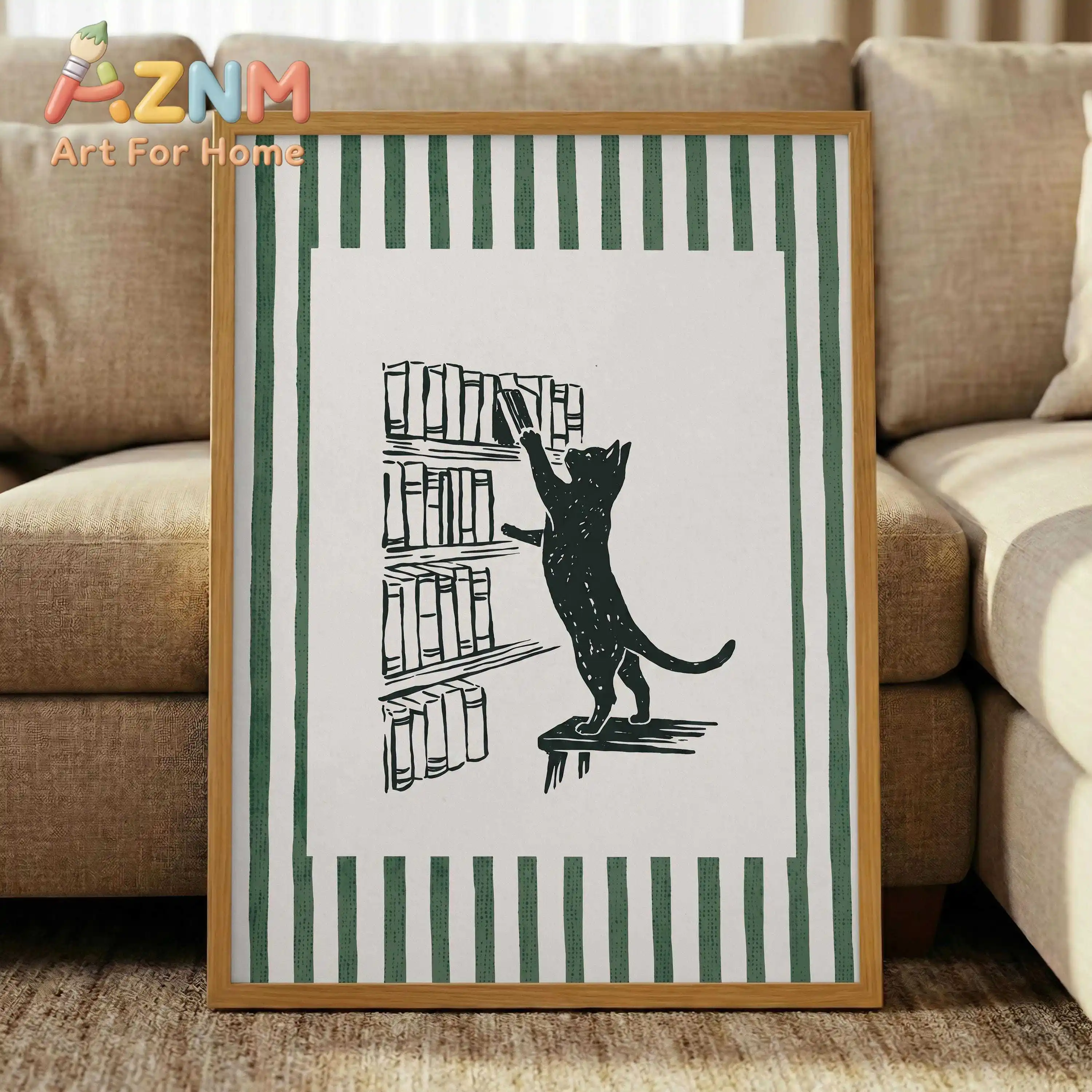 1pc Modern Cat Reading Canvas Poster Print Black Cat Library Poster Green Striped Poster for Cozy Reading Nook and Bedroom Decor