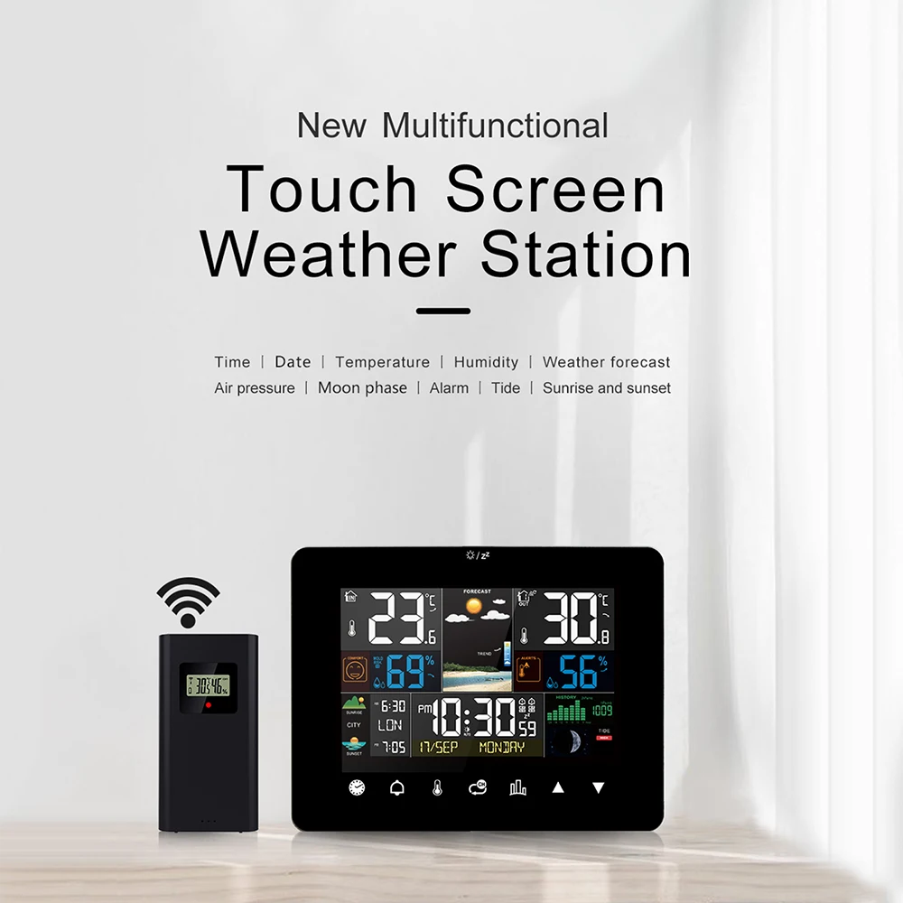 Multifunctional Weather Station Alarm Clock Touch Screen Thermometer Hygrometer Wireless Sensor Sunrise Sunset Hygrothermograph