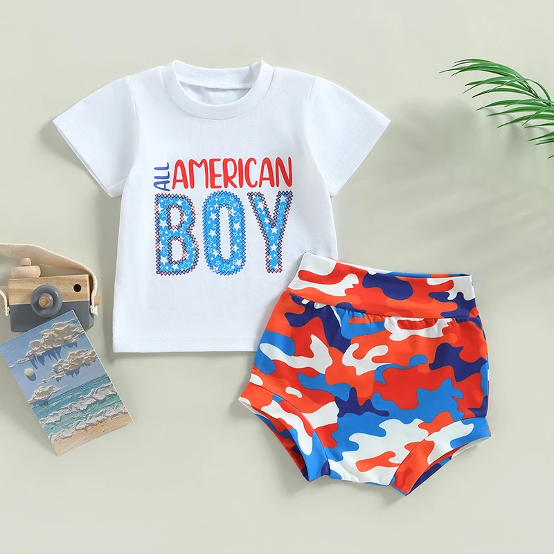 2023-03-01 Lioraitiin 0-3Years Kid Boy 2Pcs Clothes Independence Suit Short Sleeve Round Neck Letters Print Tops Short Pants