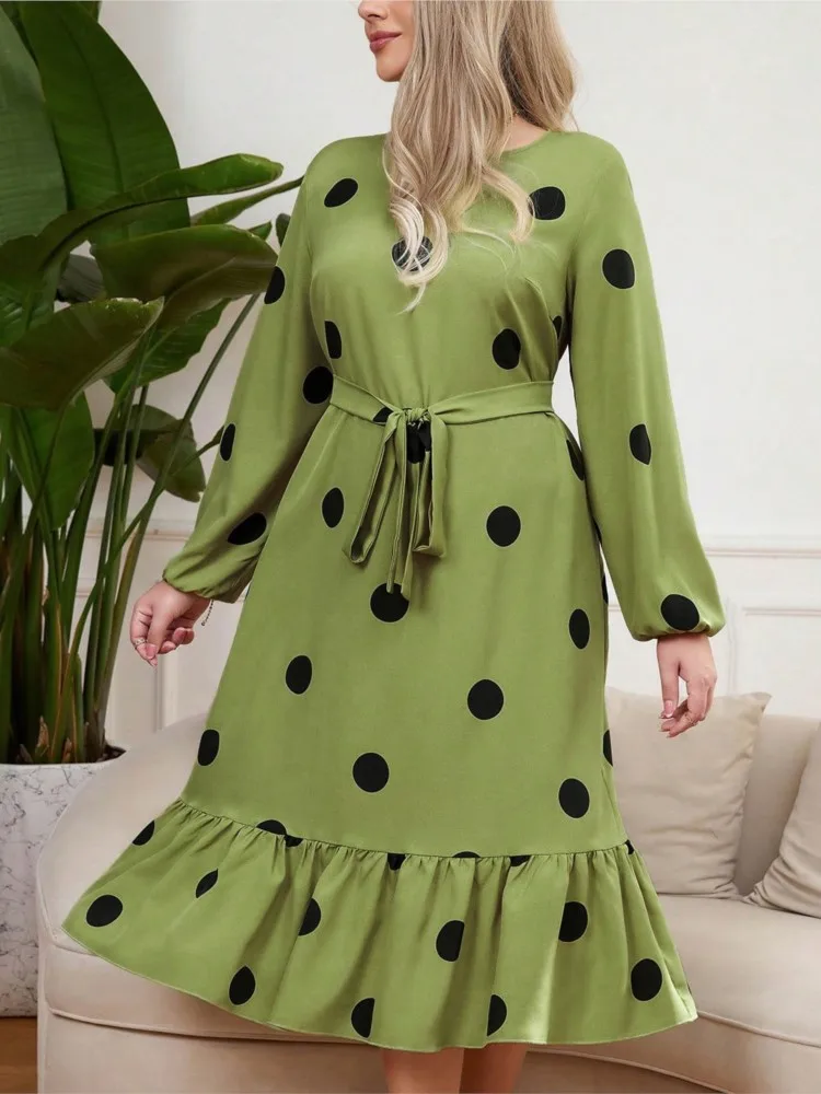 Plus Size Autumn Polka Dot Print Midi Dress Women Ruffle Pleated Loose Fashion Long Sleeve Ladies Dresses Slim Waist Woman Dress