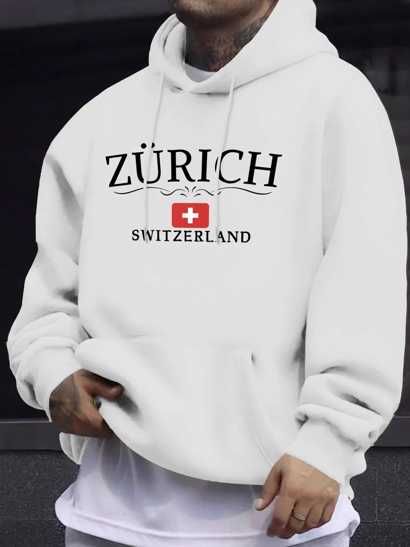 

Zurich suisse lettre et drapeau imprimé homme sweat à manches longues haute rue à capuche doux haut d'automne polaire vêteme