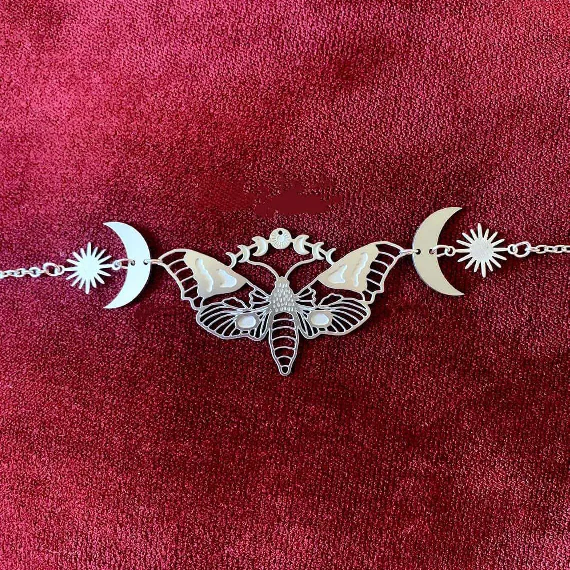 Sun Moon Moth Choker,Gothic jewelry,Bohemia,Mystery,witch accessories,brass,engraved moths,Insects,Moon phase,necklace For Women