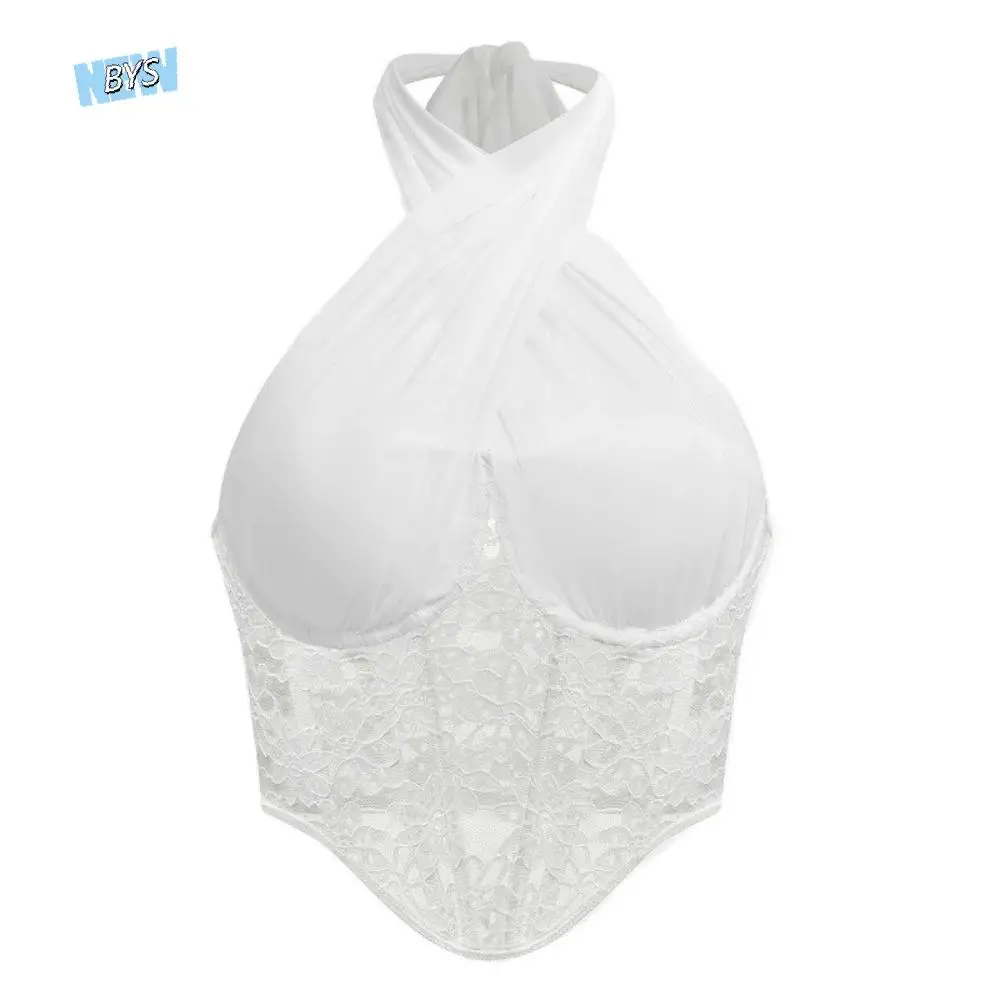 

Elegant Mesh Lace Camisole Slim Fit Sleeveless Lace Flower Corset Suspender Vest Transparent Neck Halter Crop Tops Spring Summer