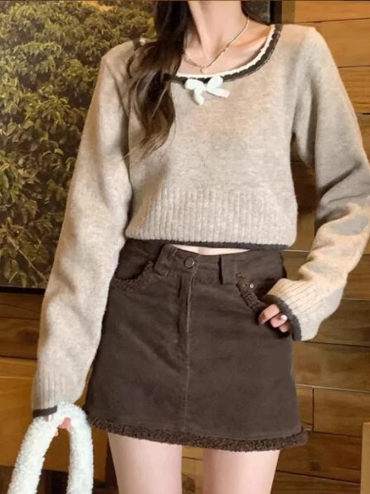 Square Collar Sweaters Women Cute Panelled Bow Design Simple Knitting Japanese Style Harajuku Temperament Schoolgirls Leisure