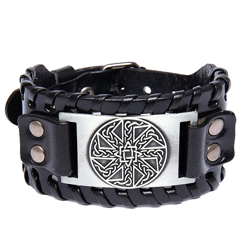 Punk Gothic  Individuality Exaggerate Tide Bracelet Handwork Leather Wristband Double-deck Closing wheel Wide leather bracelet