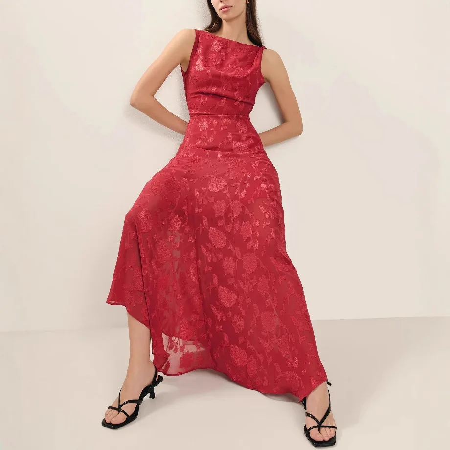 

Summer Lace Womens Dresses Backless Noble Atmospheric Slim Fit Red Sleeveless Irregular Print Breathable Lightweight Party Dress