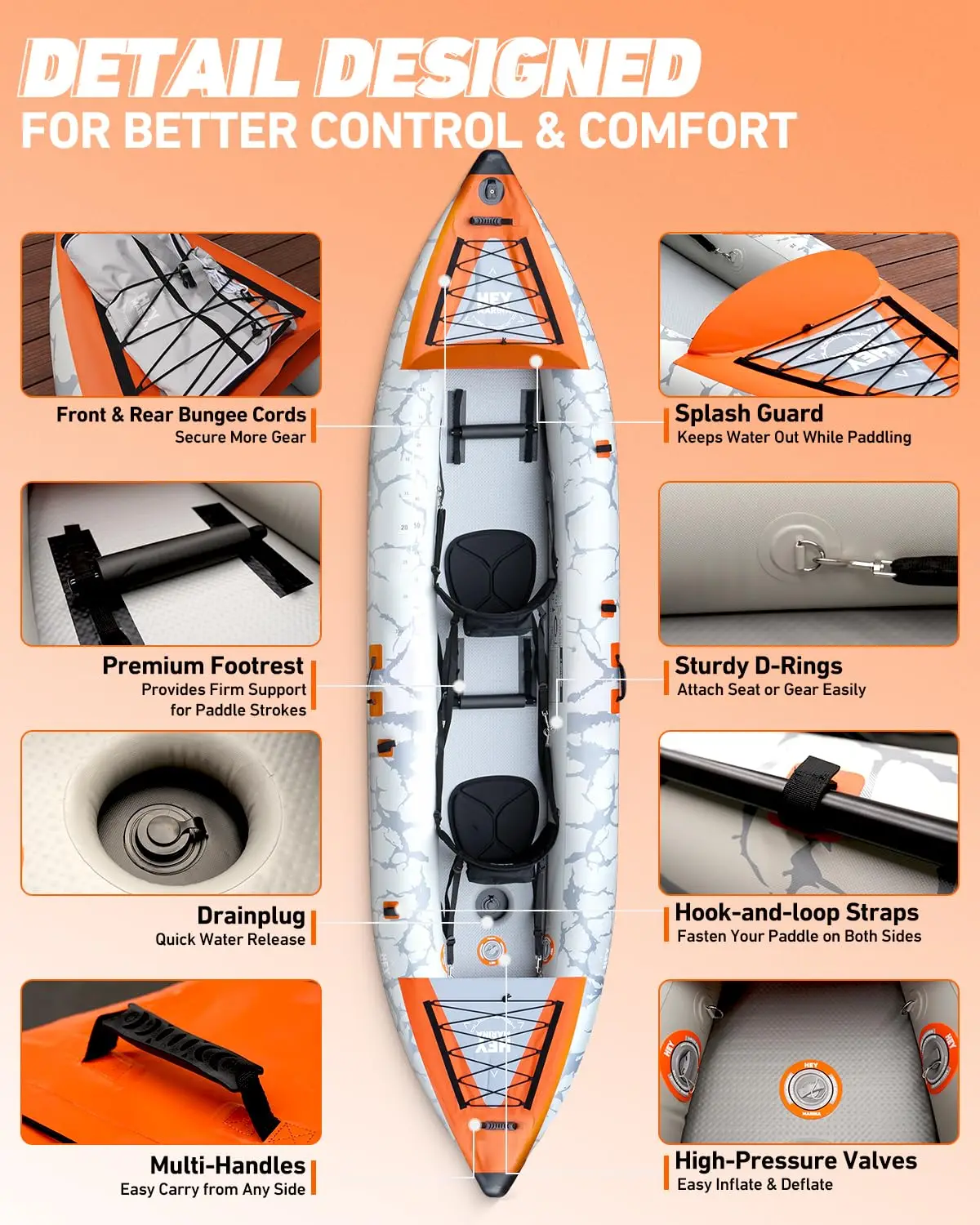 2 Person Inflatable Kayak Tandem Fishing Kayak for Adults, Portable Touring Kayak Canoe with Dual Floats, Drop-Stitch, Custom