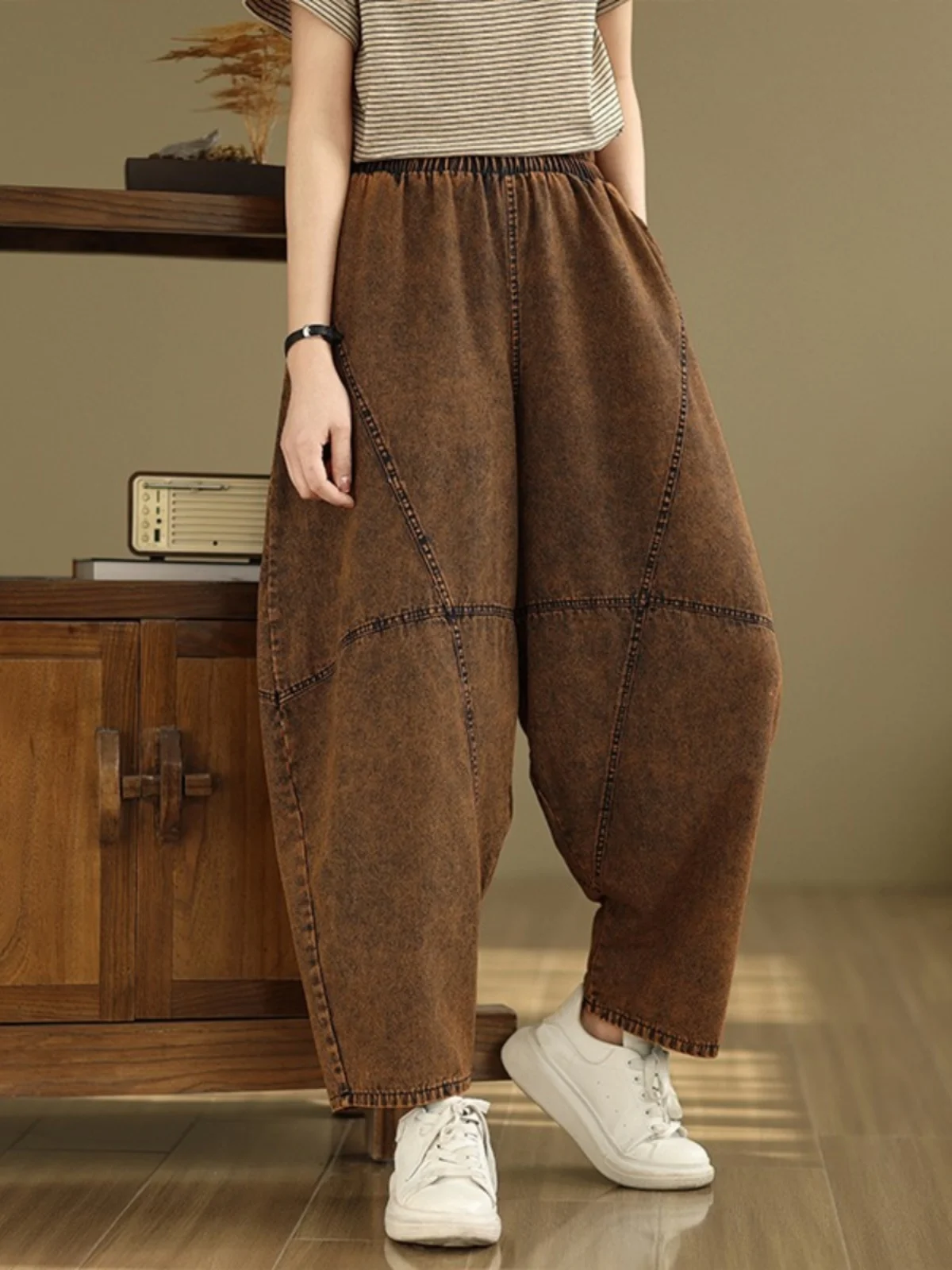 

plus Size Women's Jeans Elastic Waist Conceal Mea Wide Leg Pants Slimming Dad Jeans Casual High Waist Long Trousers Harlan ...