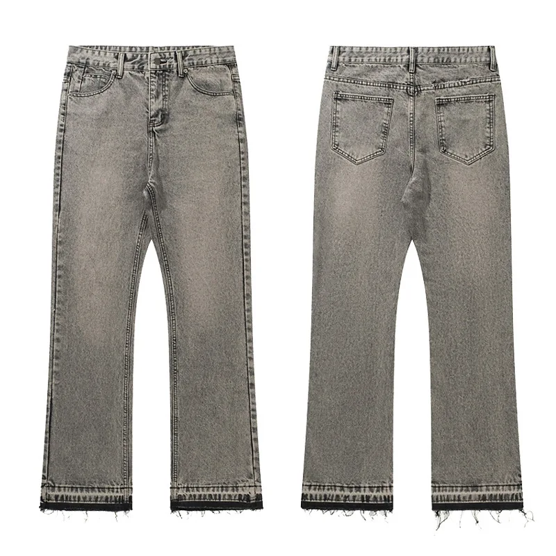 Men American Smoke Gray Fringe Vintage Cement Gray Casual Denim Long Trousers High Street Distressed Washed Pants