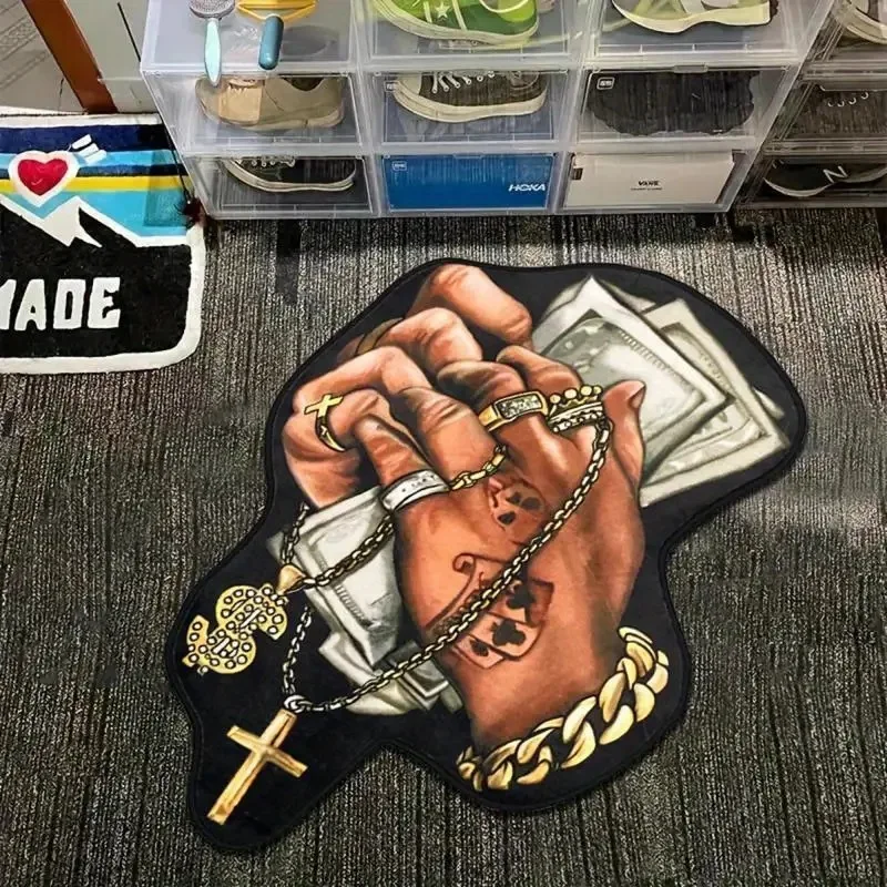 Irregular Hip Hop Style Hand Money Print Rug, Non‑Slip Flannel Floor Mat, Cool Street Culture Art Carpet, Decorative Rug For Bed