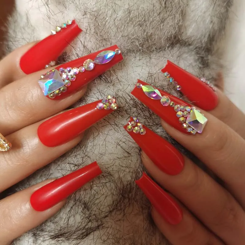 24 stuks luxe sieraden lange doodskist nepnagels rood druk op nagels kristal diamant militair verwijderbaar