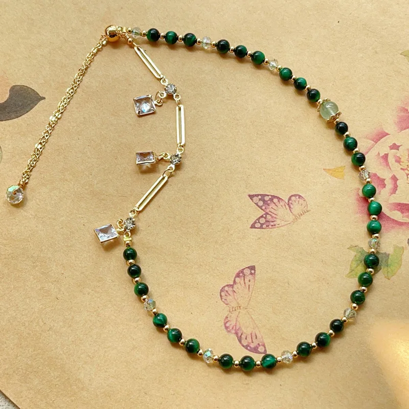 Jade Feng Shui Chinese Style Tiger Eye Green Emerald Gem Bracelet Hand String Niche Design Double Circle Adjustable Lucky Wealth