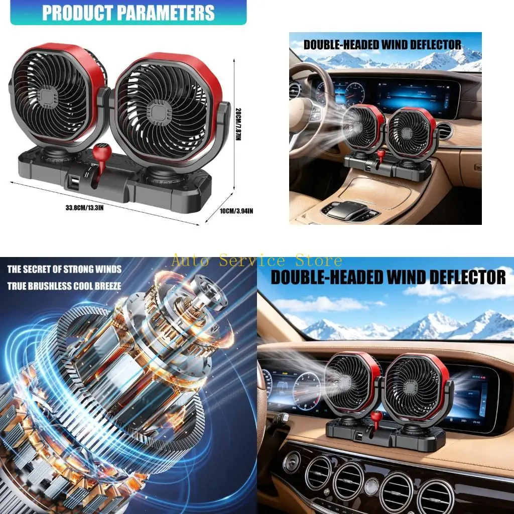 462A Truck Car Dashboard Fan 12V 24V Double Head Cooling Fan with Plug and USB Output for Cabin Air Use