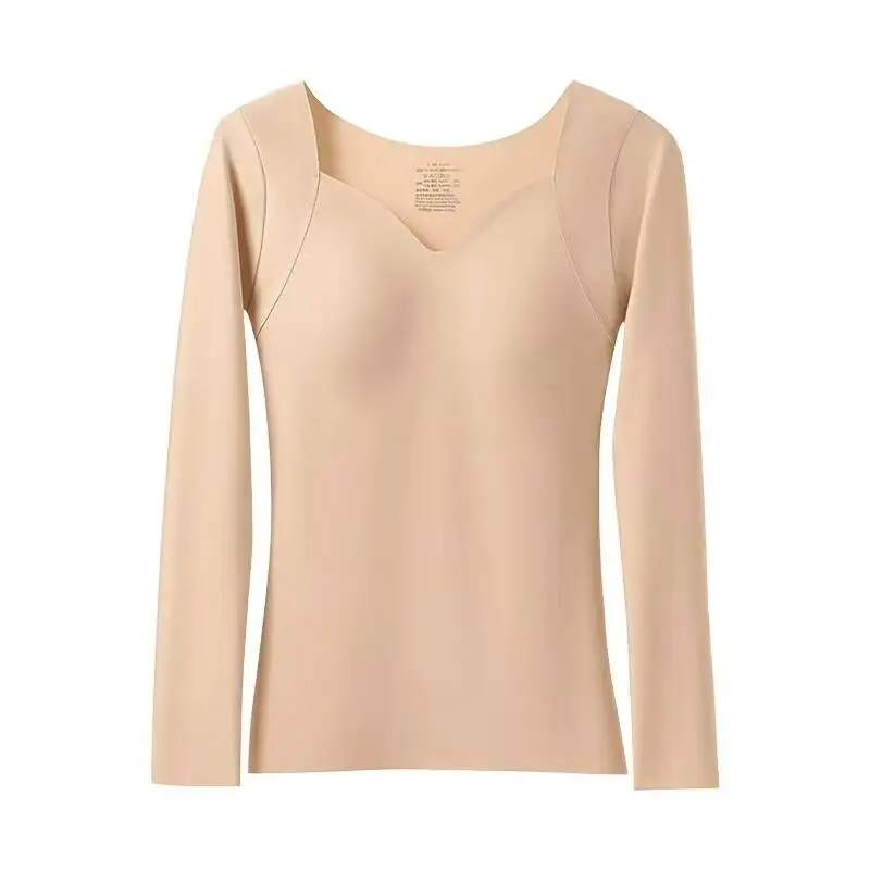 Autumn/Winter Long Sleeve Warm Thermal Underwear Top Women's Inner Seamless Chest Pad Base Layer Quick Dry Nylon Spandex Outdoor