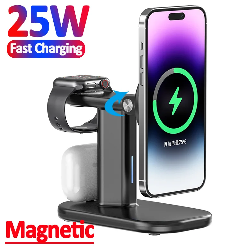 90Rotate 25W 3 in 1 Magnetic Wireless Charger Stand Macsafe For iPhone 14 13 12 Pro Max Apple Watch Airpod Fast Charging Station