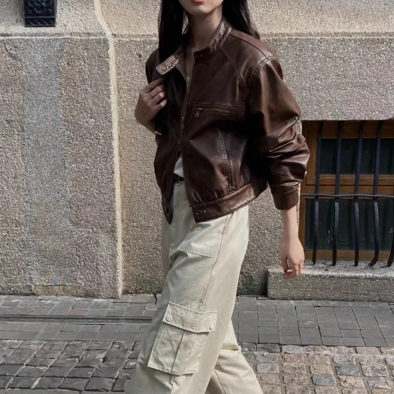 Red Coffee Colored Maillard Round Neck Shoulder Short Small Leather Coat Female Senior Little Man 2025 New Motorcycle Suit