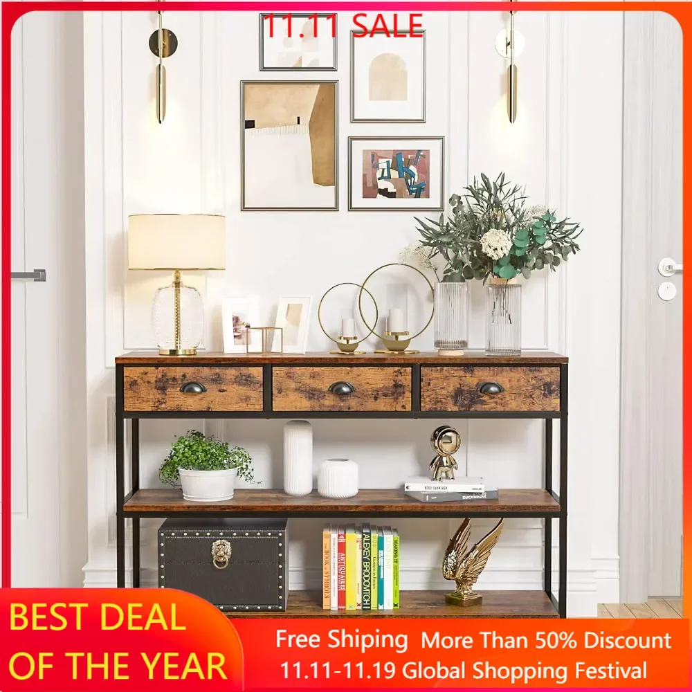 

Console Sofa Table, Entryway Table with 3-Tier Storage Shelves with 3 Drawers and Industrial Display Shelf, Sofa Console Table