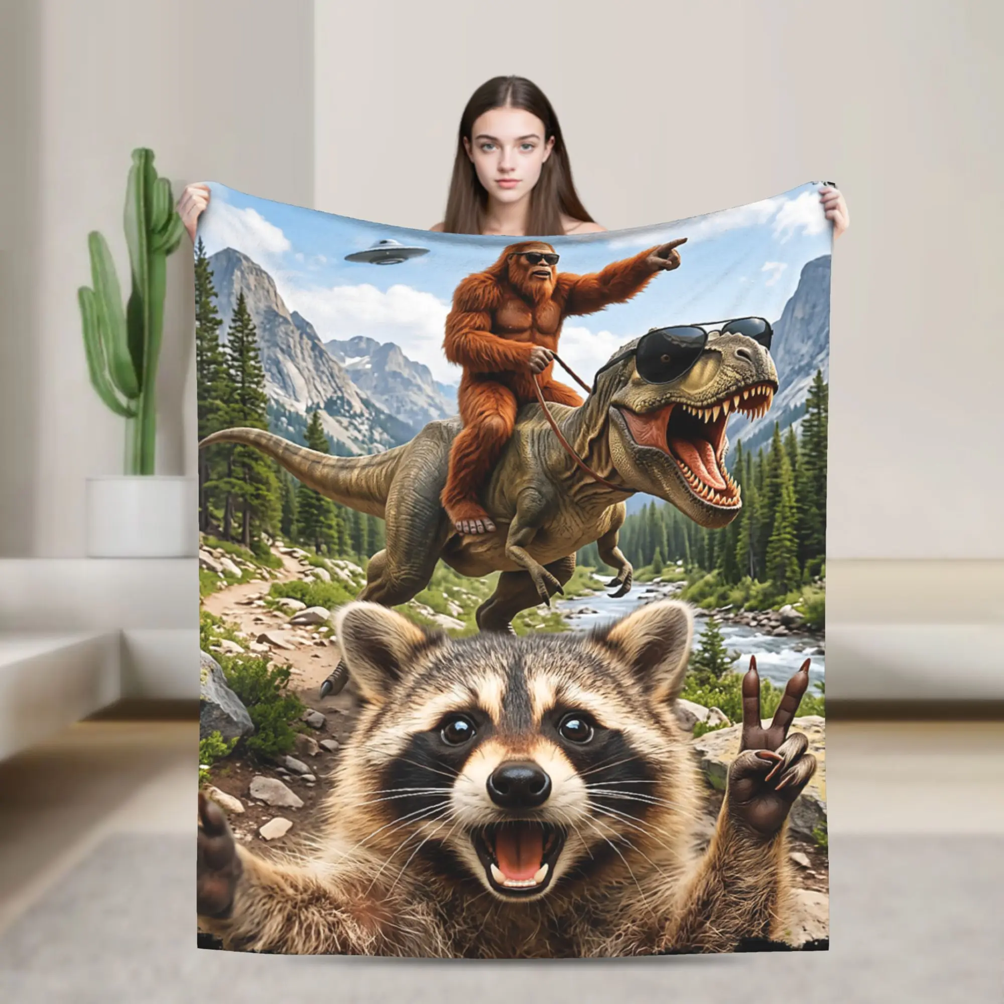 Super Soft Funny Bigfoot Ride Dinosaur Raccoon Throw Blanket Premium Flannel Fleece Lightweight Bed Blanket Warm Plush Bedspread