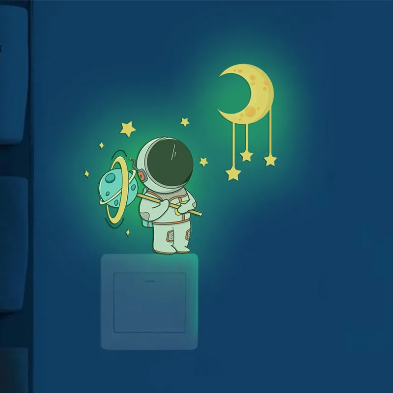 Luminous Astronaut Wall Stickers Kids Room Decor Glow In The Dark Planet Cartoon Cat Decals Fluorescent Rainbow for Home Switch