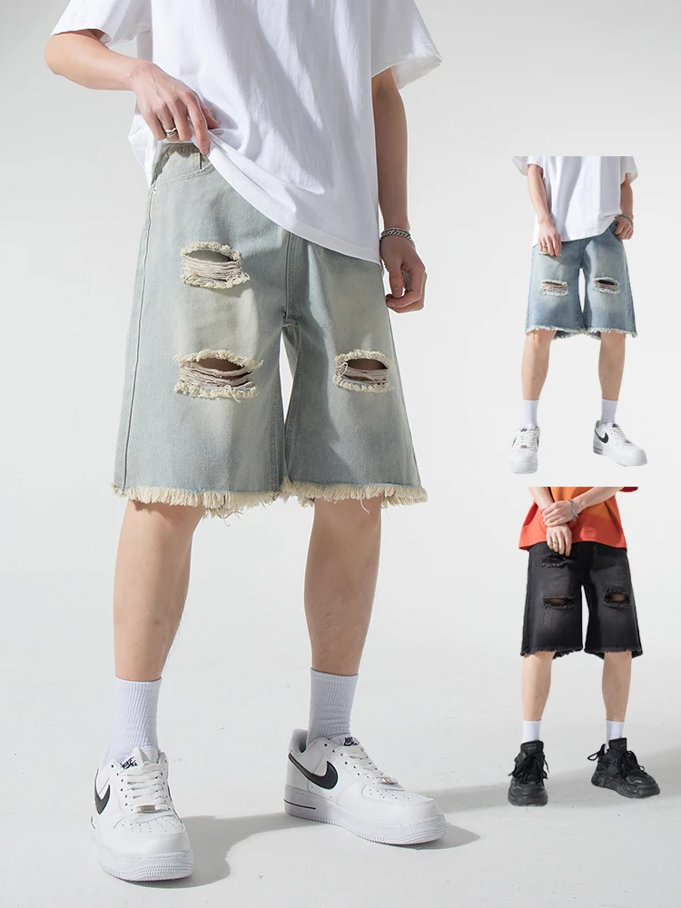

Streetwear Ripped Denim Shorts Men Summer New Fashion Straight Loose Short Jeans Washed Vintage Korean Men's Shorts Size M-3XL