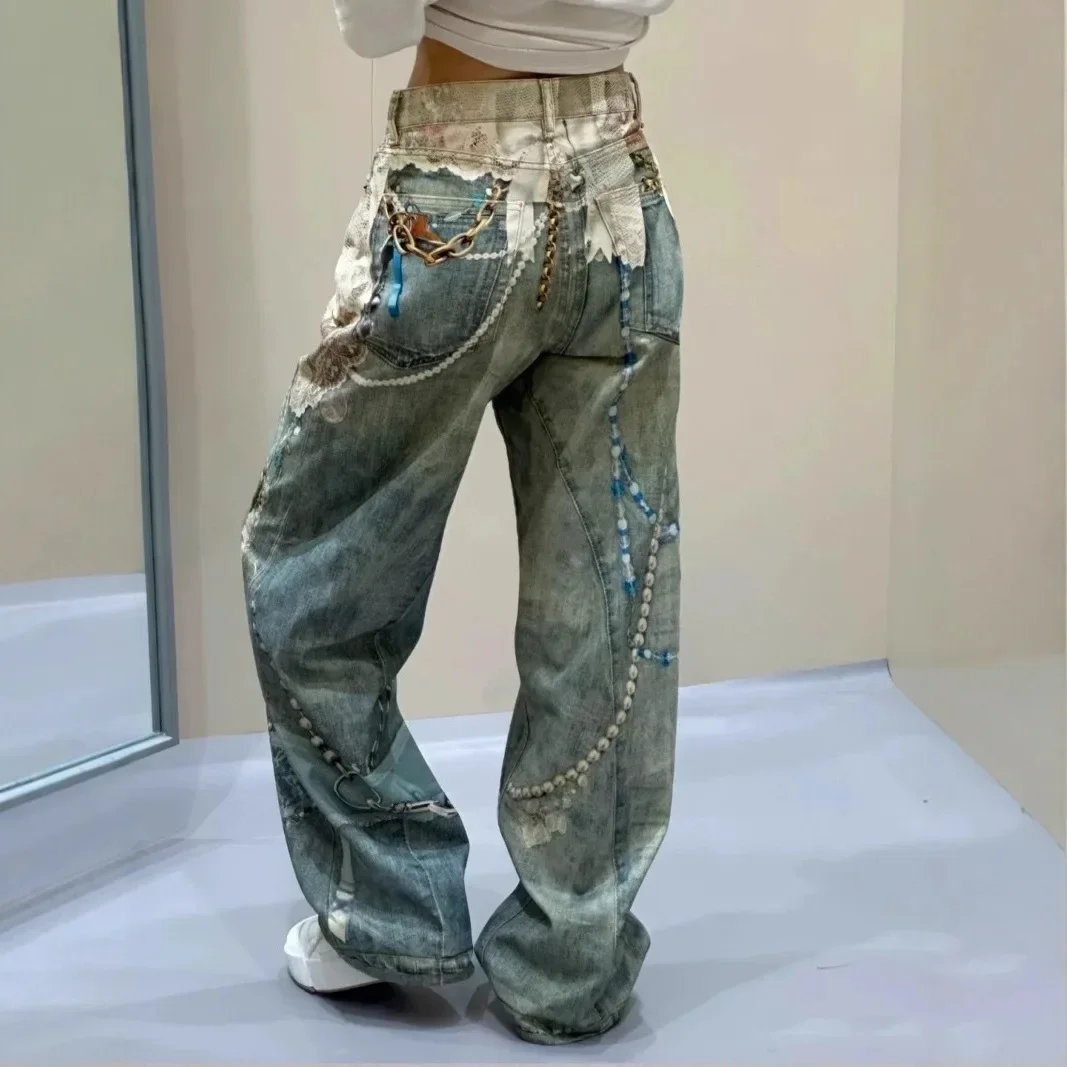 

Y2k Jeans Baggy Fashion New Product 3D Printed Lace Pearl Chain Straight Tube Women Pants High Waisted Jeans Pants for Woman