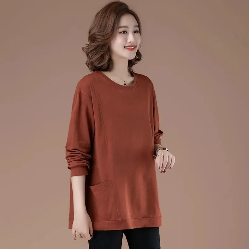 

2023 New Middle aged Mom Cotton Sweater Women's Spring and Autumn Leisure Loose Fit Large Sleeve Top Mid length Commuter P27