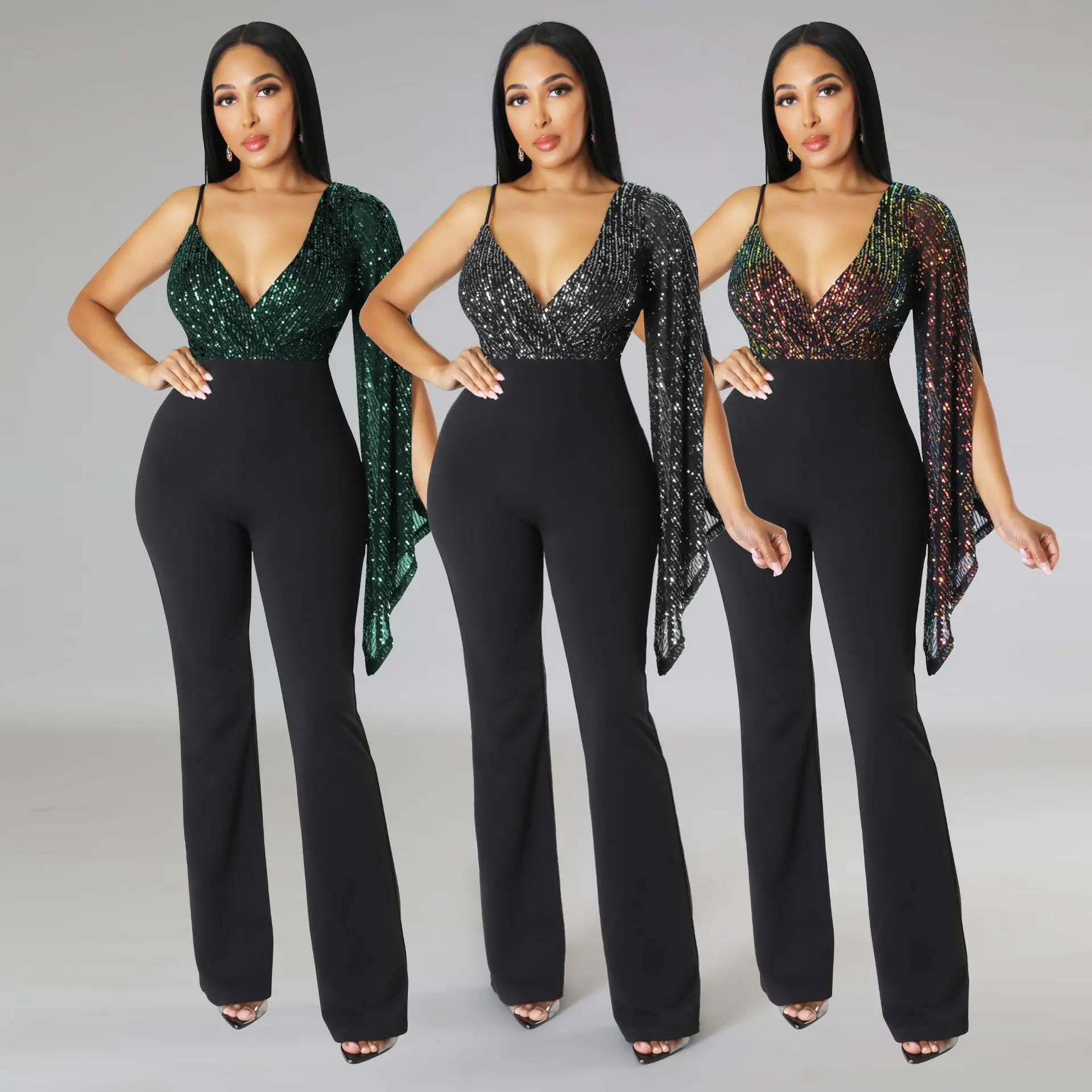 

BKLD New One Pieces Long Pants Sequin V-Neck Irregular One Shoulder Cape Sexy Nightclub Jumpsuit Summer Outfits For Women 2024