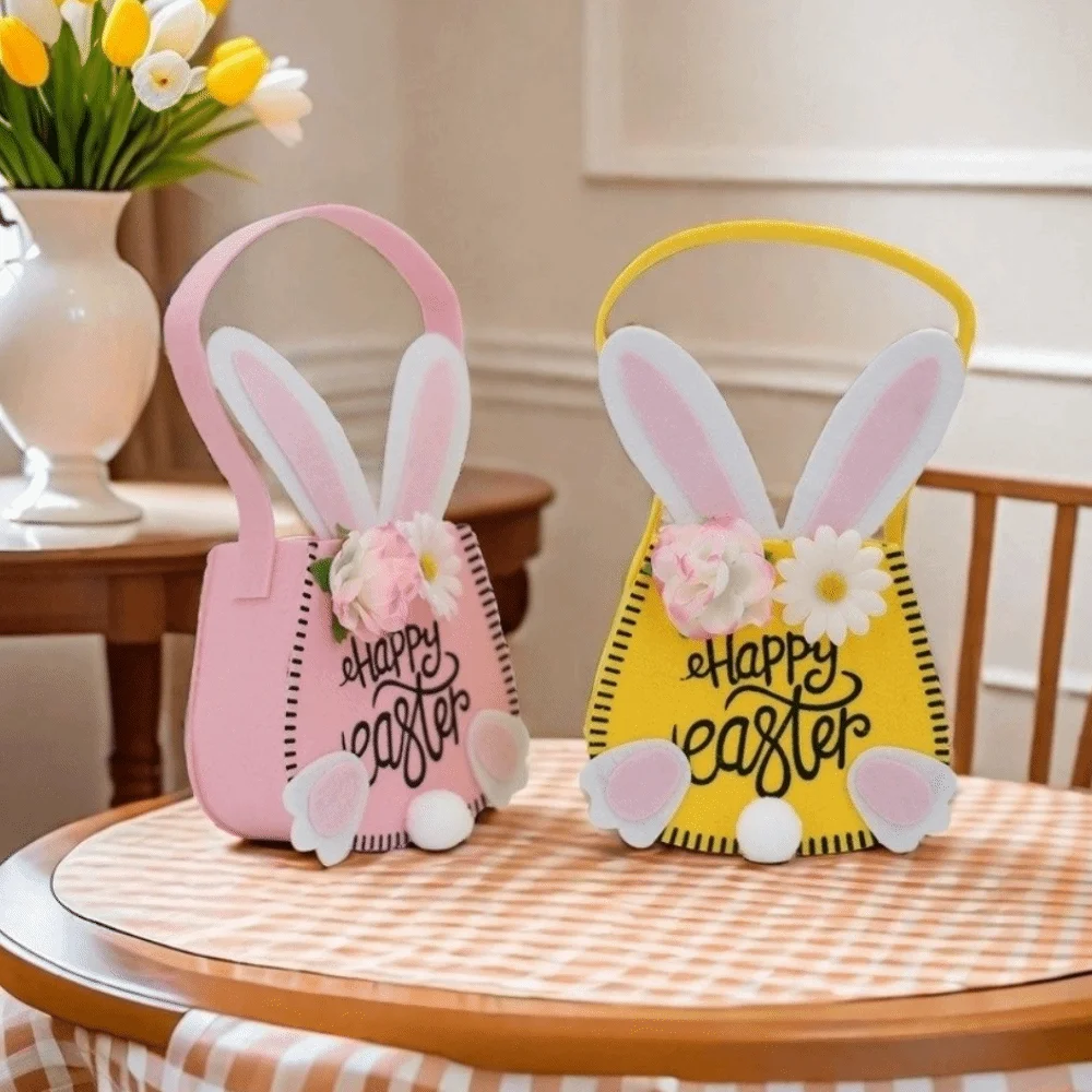 

Reusable Rabbit Ear Easter Tote Bag Exquisite Flowers Decoration Storage Tote Portable Cloth Gift Bag Easter Party