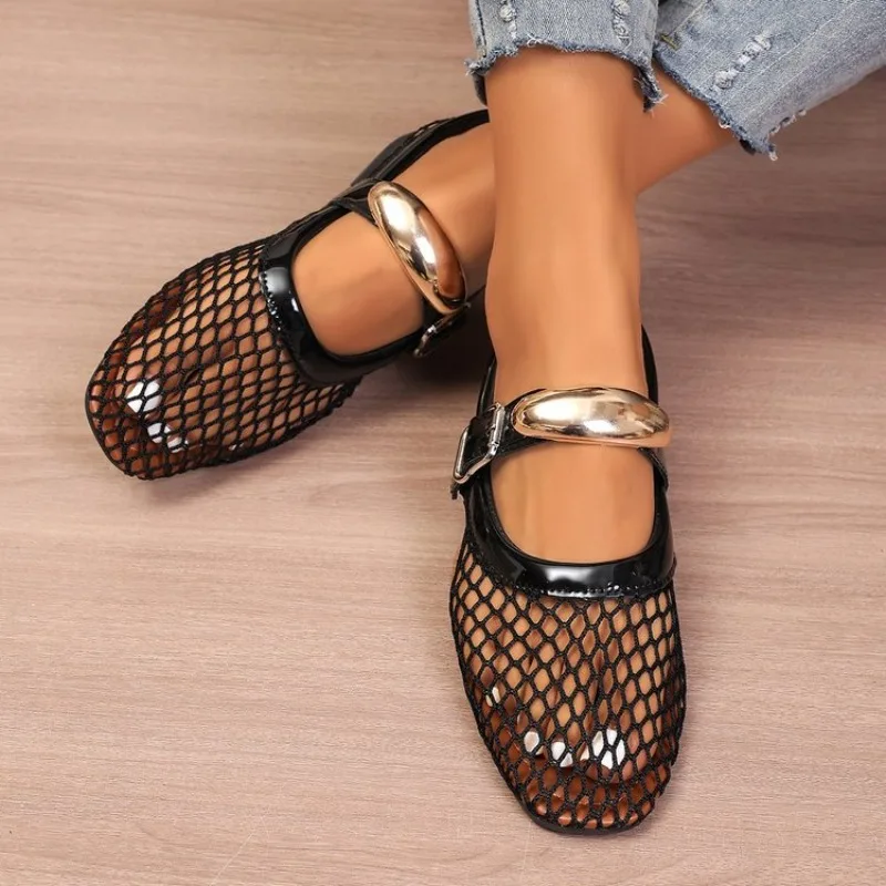 2025 New Women Sandals Net Flat Fashion Sandals Summer Round Head Breathable Shoes  Line Button Mary Jane Fishnet Shoes Ladies
