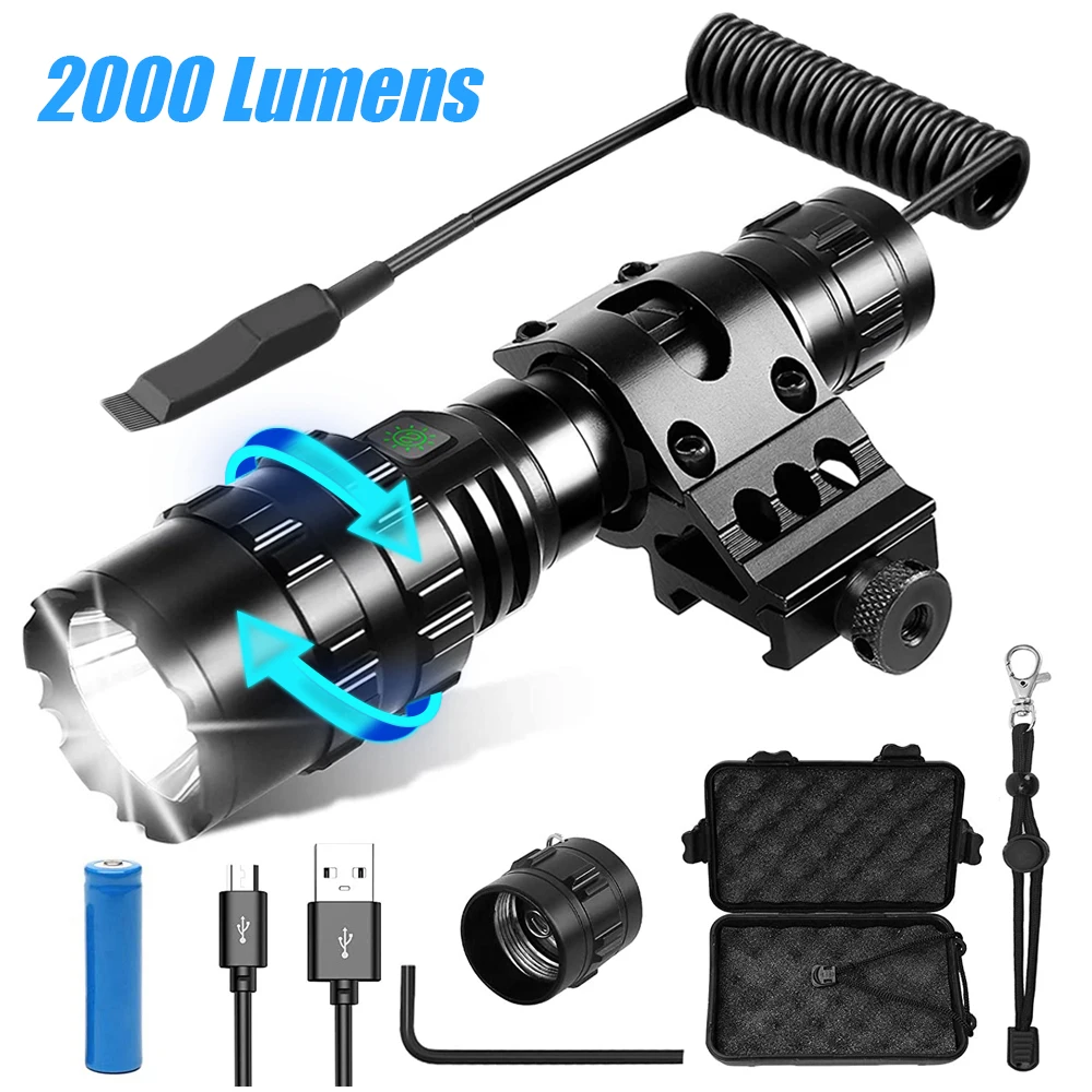 Linterna táctica recargable de 2000 lúmenes con zoom para pistola, luz para arma con Clip de montaje, accesorios para caza y Airsoft