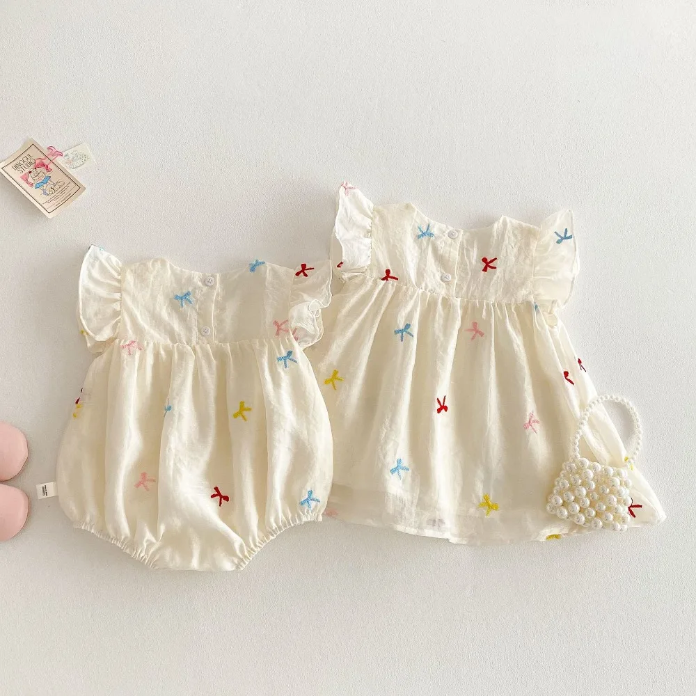 Korea Style Sunsuit 2025 Summer Sister Match Clothes Ruffles Sleeve Embroidery Bow Romper Princess Dress Outfits