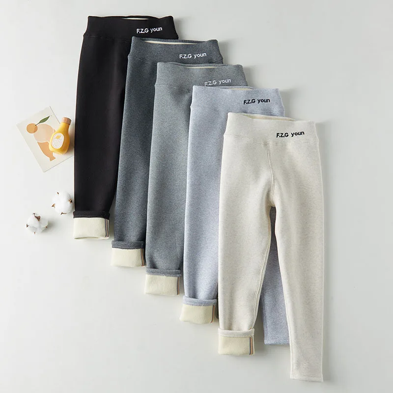 2024 New Winter Girls Thicken Leggings 3-10Y Fur Lining Slim Warm Pencil Pants Casual Letter Solid Stretch Trousers