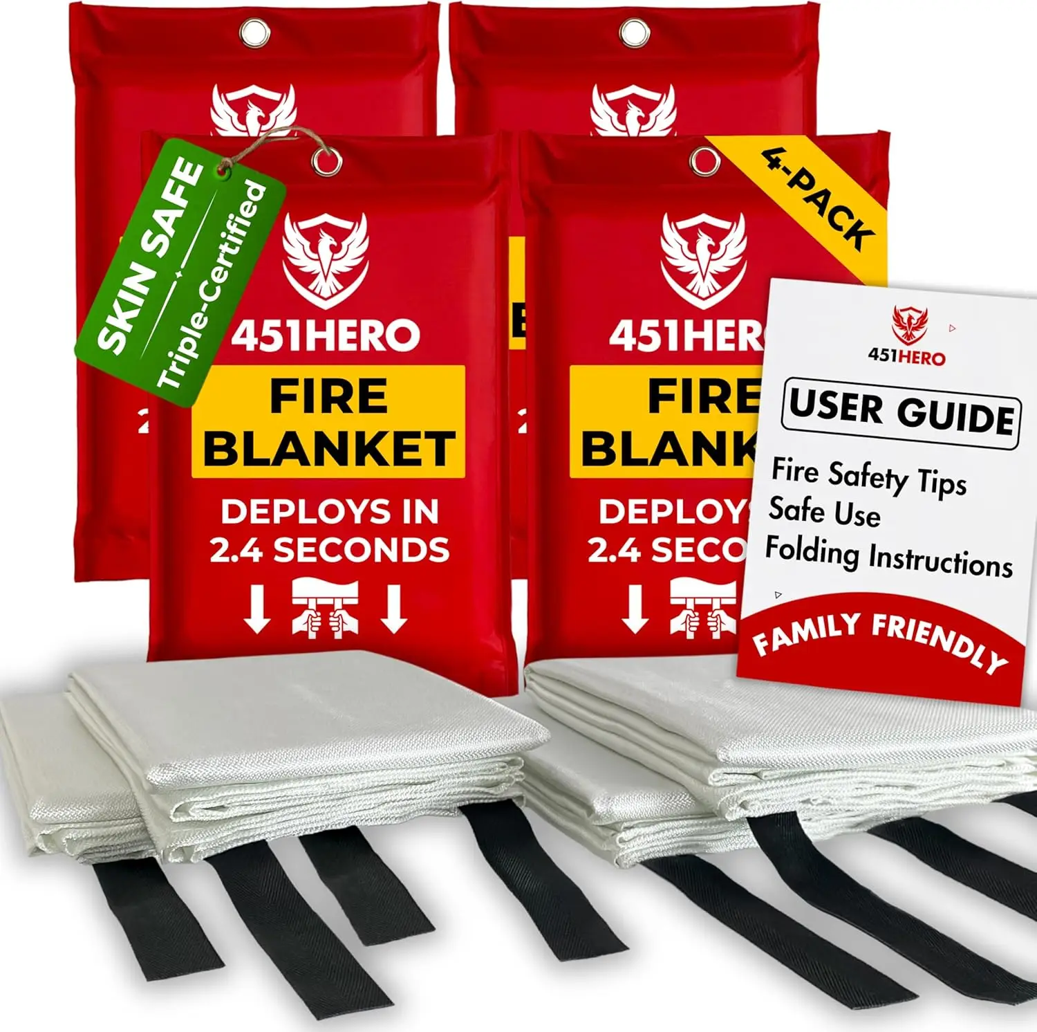 

4-Pack Emergency Fire Blankets, Triple Certified & Skin-Safe for Home, Kitchen, RV, Camping
