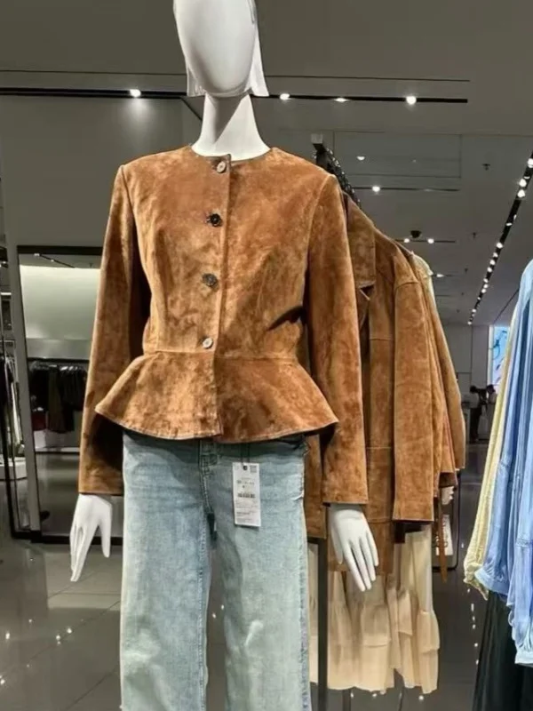

Fall 2025 Brown Suede Velvet Waist-Cinching round Ne Jaet Coat American Sle ort Outerwear for Women Regular Sve Le...