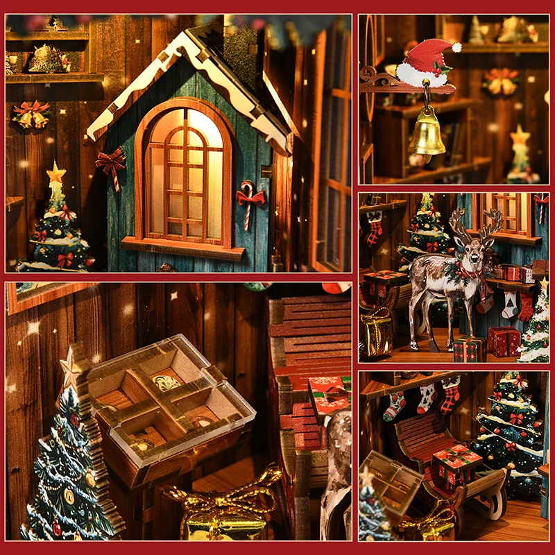 DIY Holz Weihnachten Buch Nook Regal Einsatz Kit Schneereich Wei Pavillon Buchstütze Miniatur Modell Kits Bücherregal für Freunde Geschenke