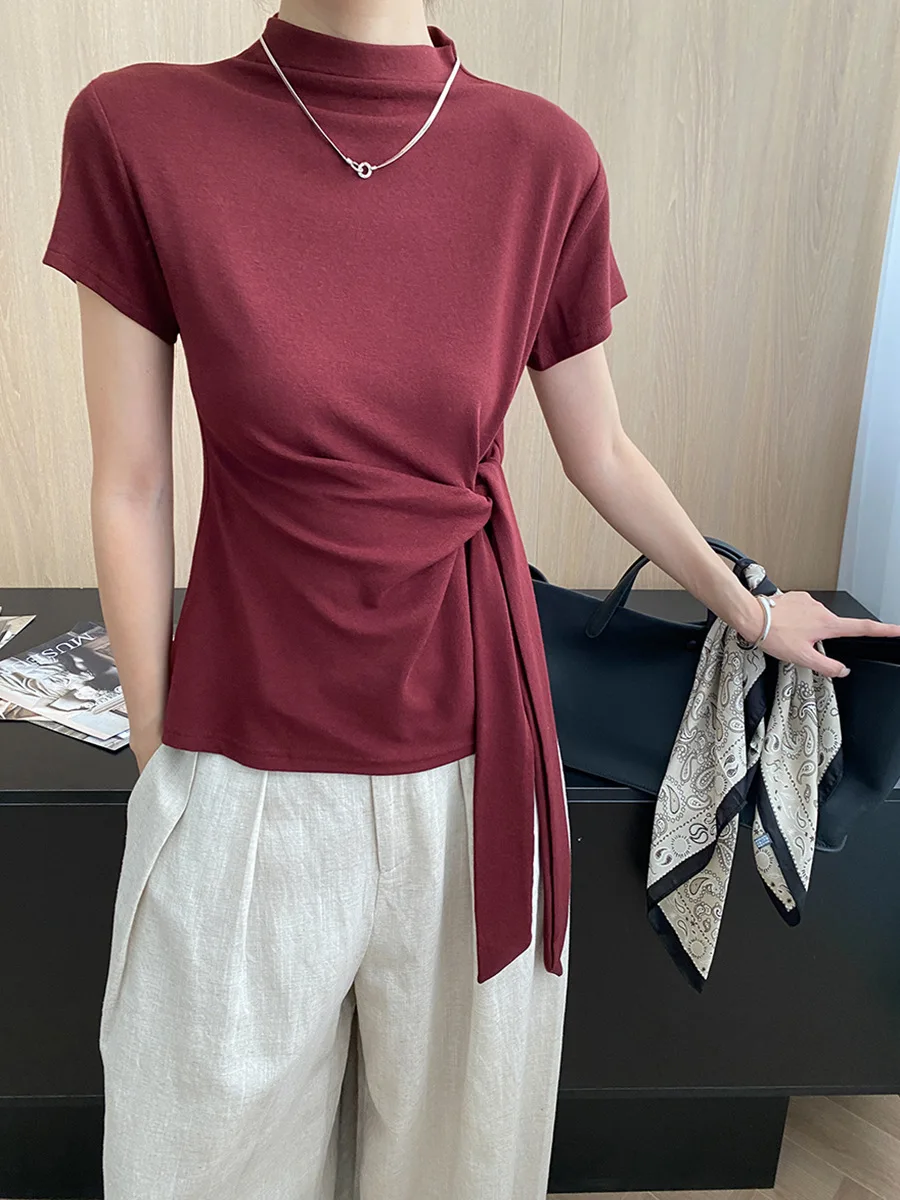

2025 Fashion Spring And Autumn Half-High Collar Tie-Waist Slim Short-Sleeved Women's T-Shirt