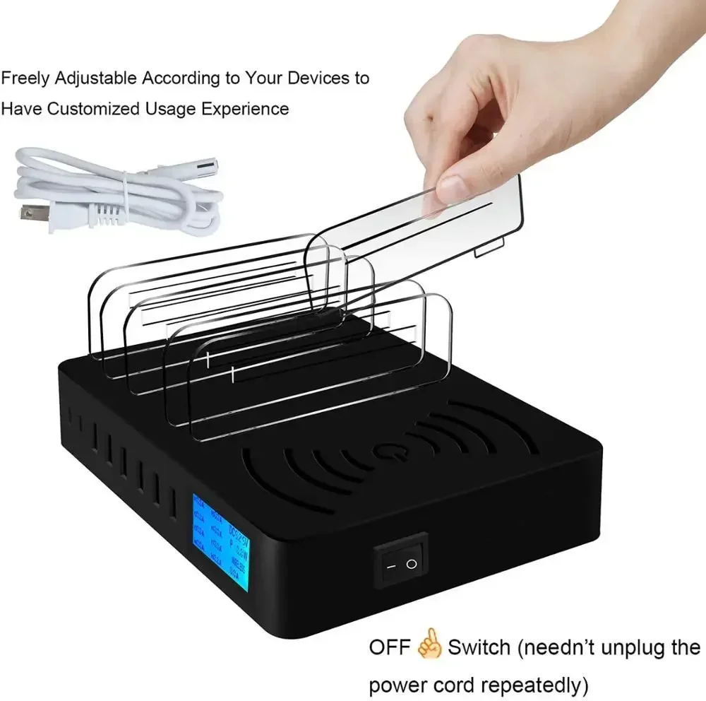 Multi USB Charging Station Qi Fast Wireless Charger For Iphone 15 14 13 Pro Max Samsung LCD Display 8 Port Carregador With Cable